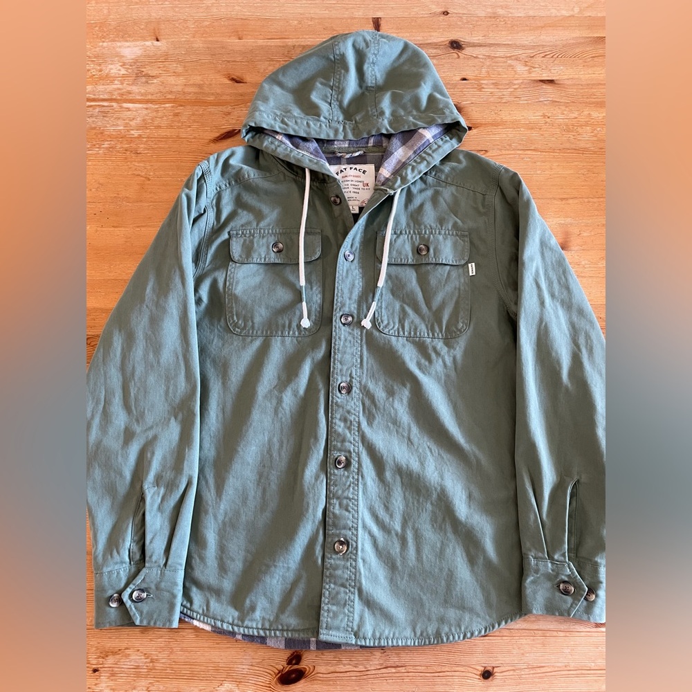 Fat Face Olive Hooded, Flannel-Lined Shirt Jacket